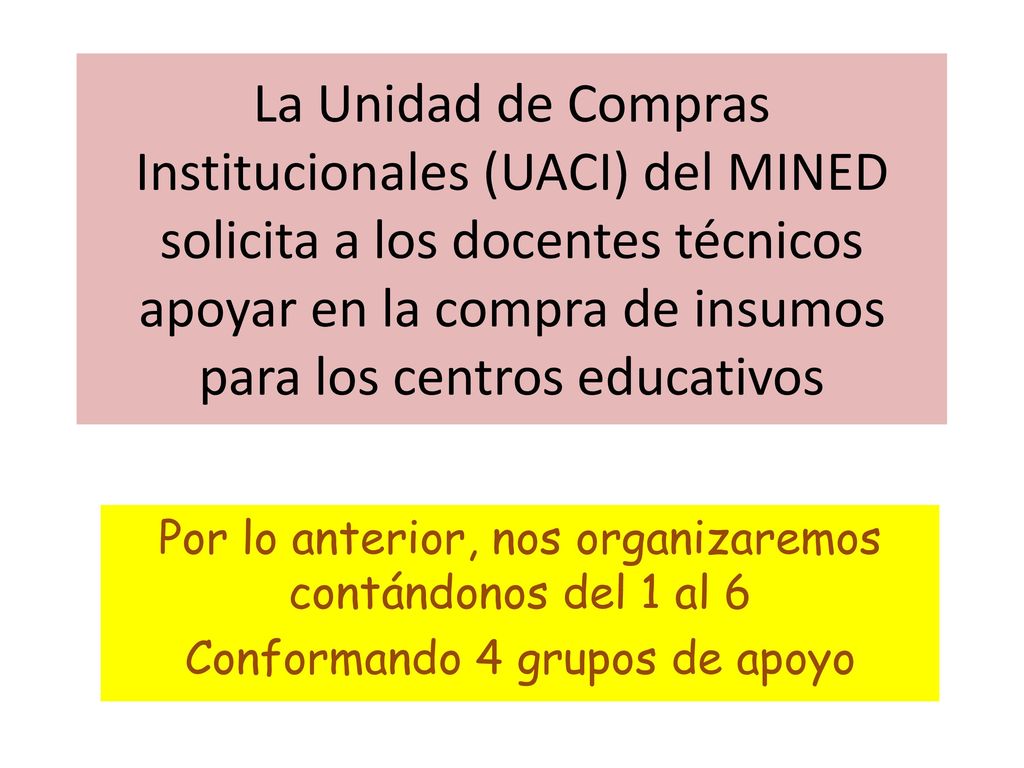 La Unidad de Compras Institucionales (UACI) del MINED solicita a los docentes técnicos apoyar en la compra de insumos para los centros educativos