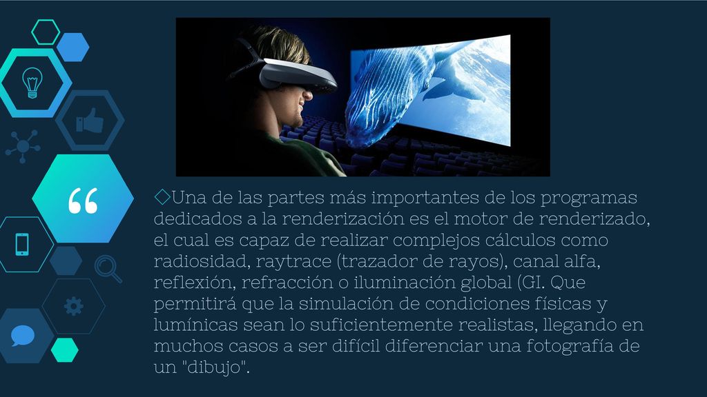 Una de las partes más importantes de los programas dedicados a la renderización es el motor de renderizado, el cual es capaz de realizar complejos cálculos como radiosidad, raytrace (trazador de rayos), canal alfa, reflexión, refracción o iluminación global (GI.