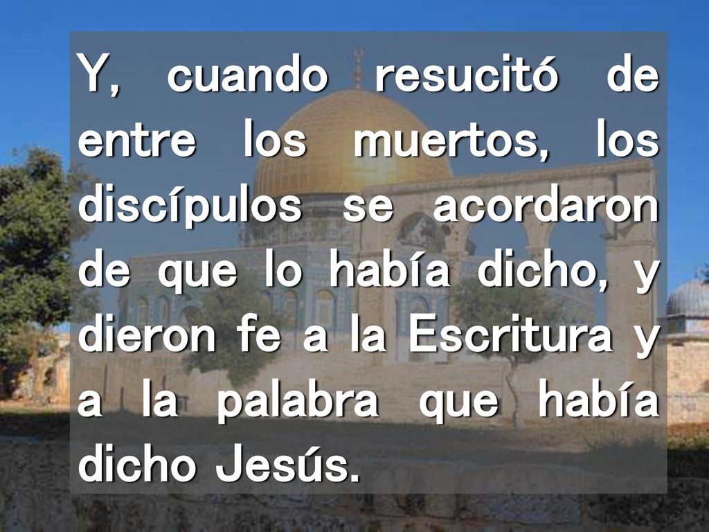 Y, cuando resucitó de entre los muertos, los discípulos se acordaron de que lo había dicho, y dieron fe a la Escritura y a la palabra que había dicho Jesús.