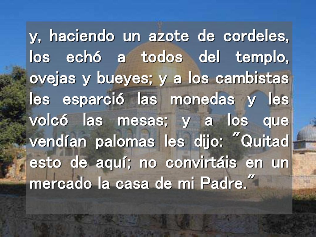 y, haciendo un azote de cordeles, los echó a todos del templo, ovejas y bueyes; y a los cambistas les esparció las monedas y les volcó las mesas; y a los que vendían palomas les dijo: Quitad esto de aquí; no convirtáis en un mercado la casa de mi Padre.