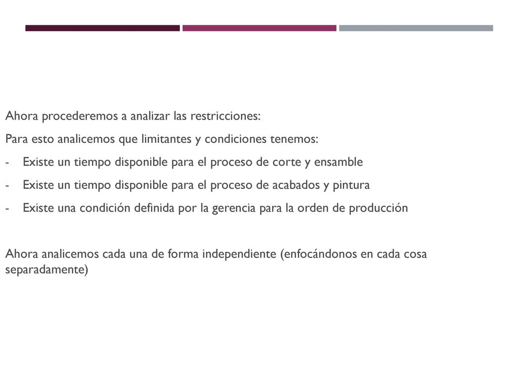 OBSERVACIONES: Ahora procederemos a analizar las restricciones: Para esto analicemos que limitantes y condiciones tenemos: