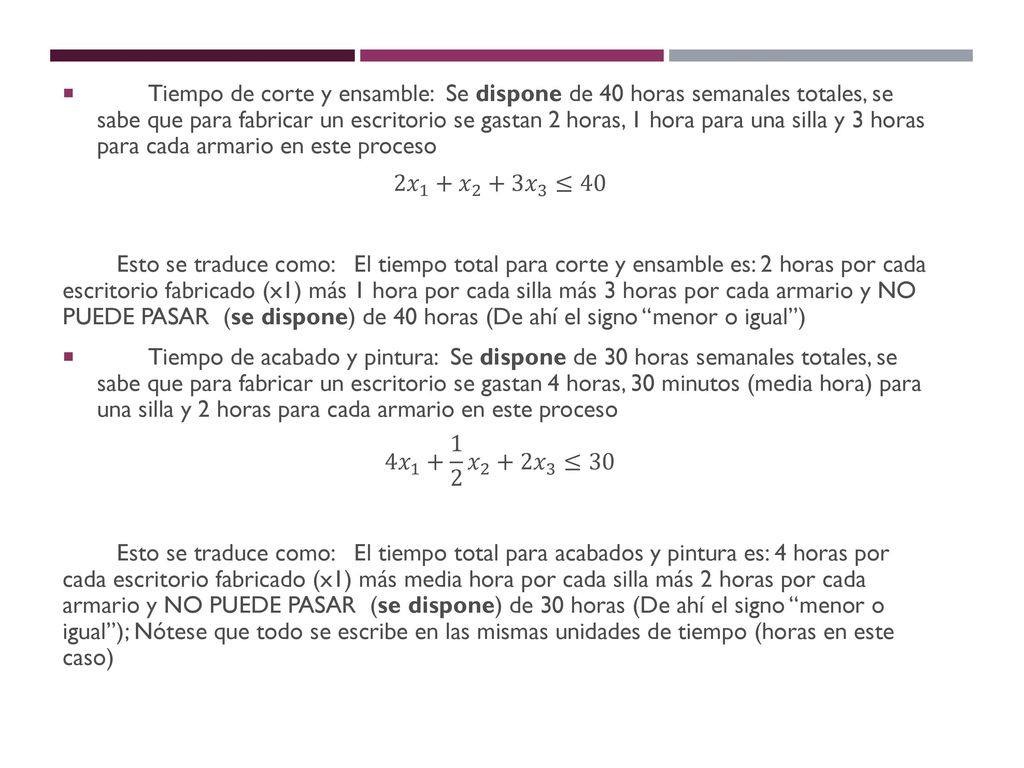 Tiempo de corte y ensamble: Se dispone de 40 horas semanales totales, se sabe que para fabricar un escritorio se gastan 2 horas, 1 hora para una silla y 3 horas para cada armario en este proceso