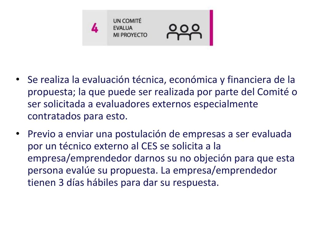 Se realiza la evaluación técnica, económica y financiera de la propuesta; la que puede ser realizada por parte del Comité o ser solicitada a evaluadores externos especialmente contratados para esto.