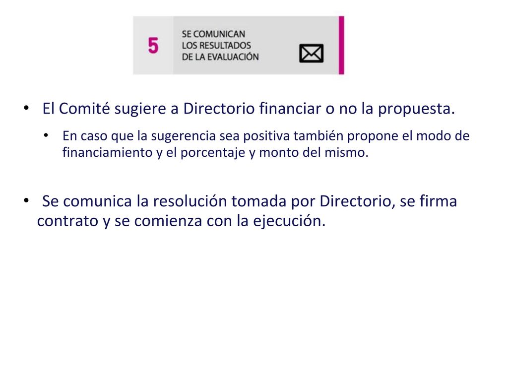 El Comité sugiere a Directorio financiar o no la propuesta.