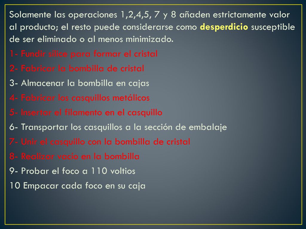 Solamente las operaciones 1,2,4,5, 7 y 8 añaden estrictamente valor al producto; el resto puede considerarse como desperdicio susceptible de ser eliminado o al menos minimizado.