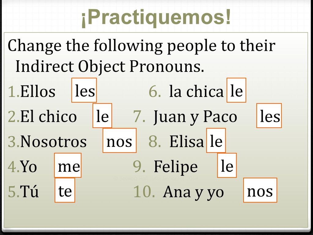 ¡Practiquemos! Change the following people to their Indirect Object Pronouns. Ellos 6. la chica.