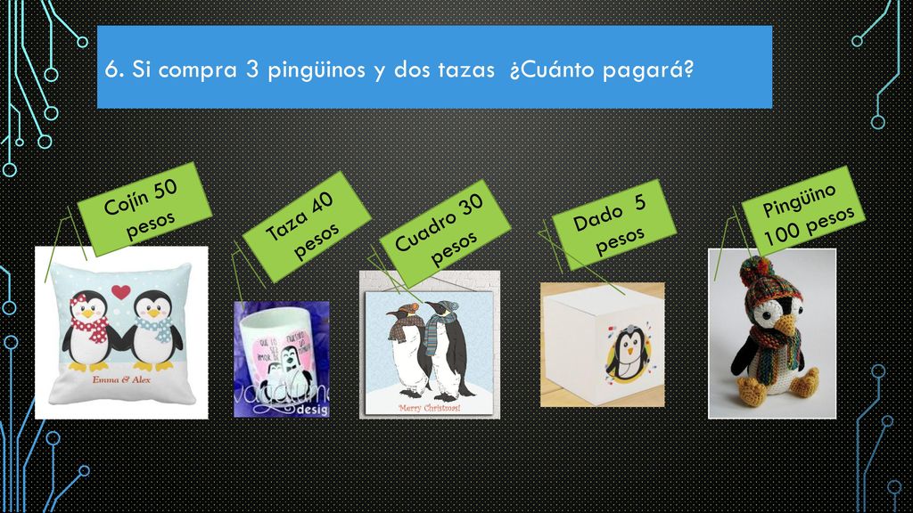 6. Si compra 3 pingüinos y dos tazas ¿Cuánto pagará