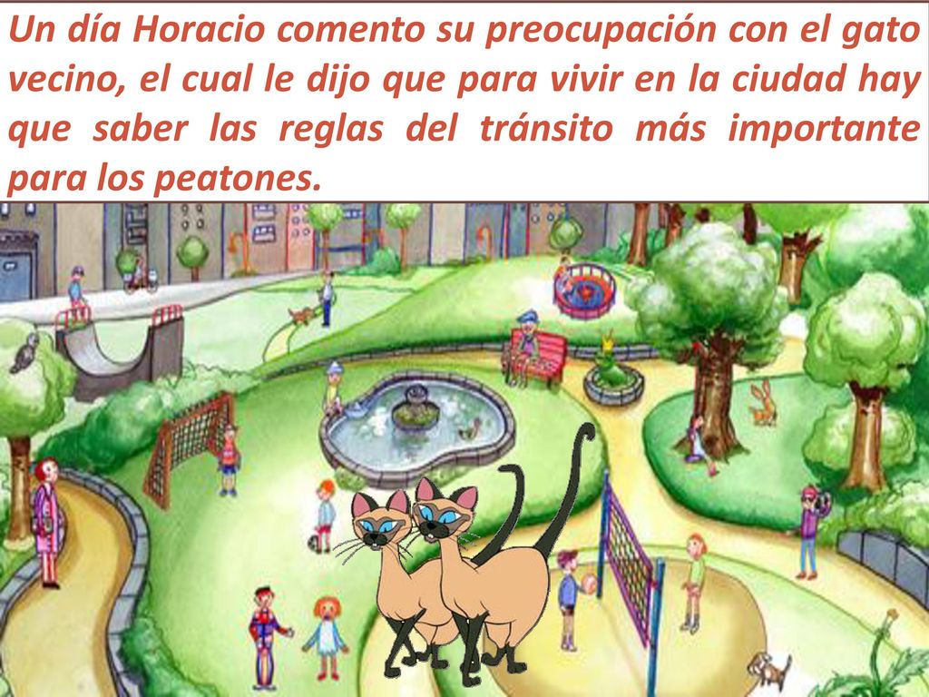 Un día Horacio comento su preocupación con el gato vecino, el cual le dijo que para vivir en la ciudad hay que saber las reglas del tránsito más importante para los peatones.