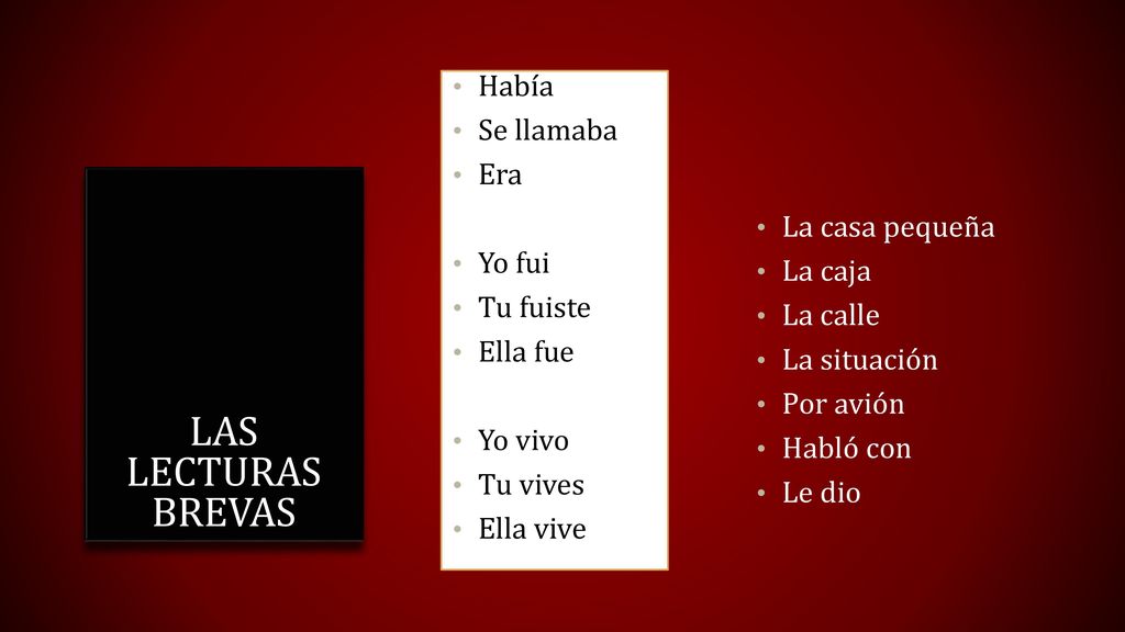 Las lecturas brevas Había Se llamaba Era Yo fui Tu fuiste Ella fue