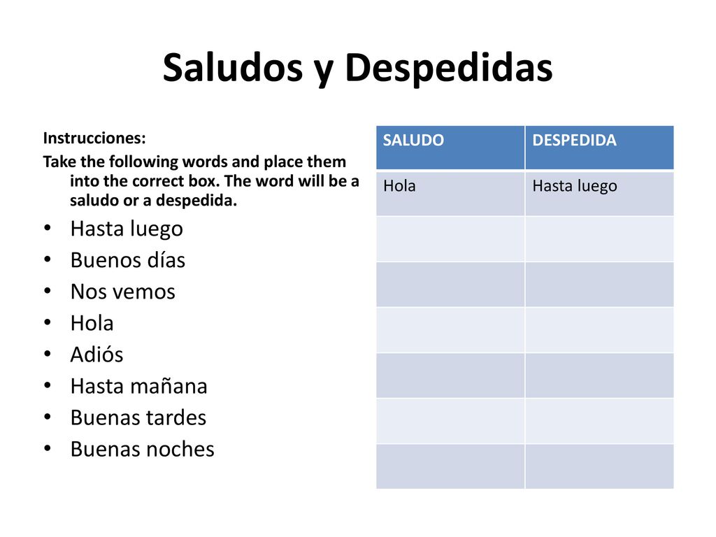 Saludos y Despedidas Hasta luego Buenos días Nos vemos Hola Adiós