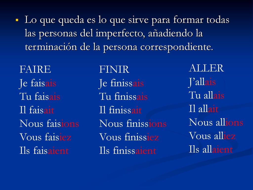 Lo que queda es lo que sirve para formar todas las personas del imperfecto, añadiendo la terminación de la persona correspondiente.