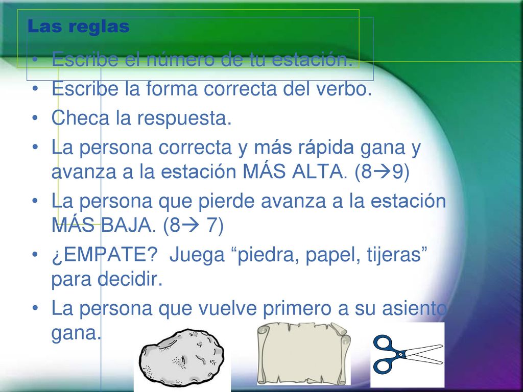 Escribe el número de tu estación. Escribe la forma correcta del verbo.