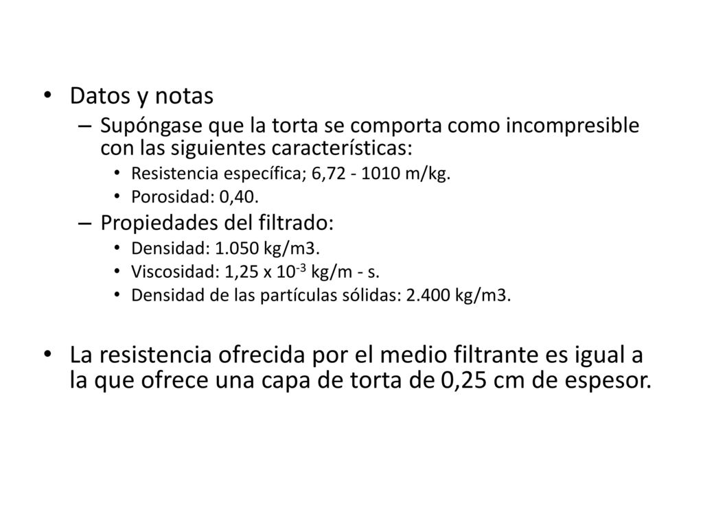 Datos y notas Supóngase que la torta se comporta como incompresible con las siguientes características: