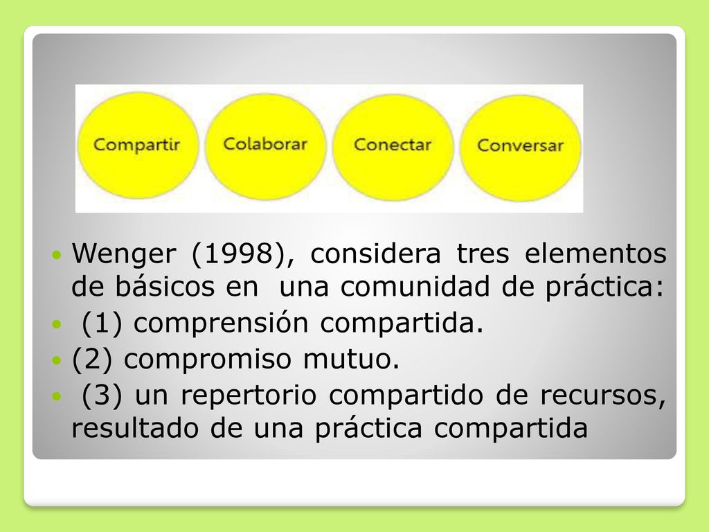Wenger (1998), considera tres elementos de básicos en una comunidad de práctica: