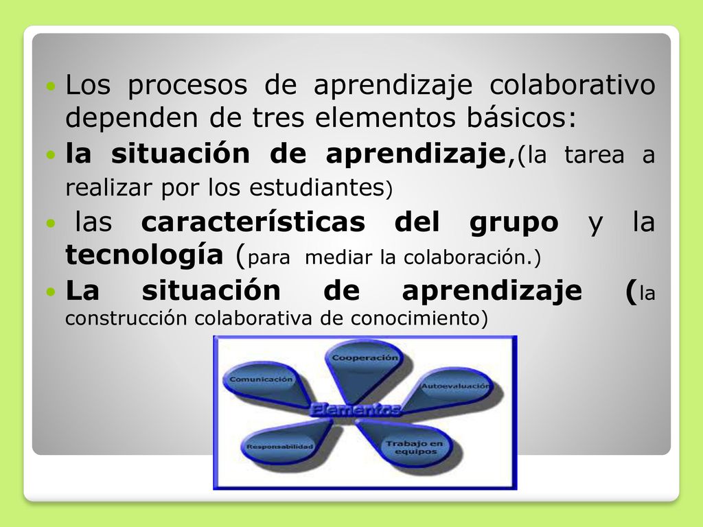Los procesos de aprendizaje colaborativo dependen de tres elementos básicos: