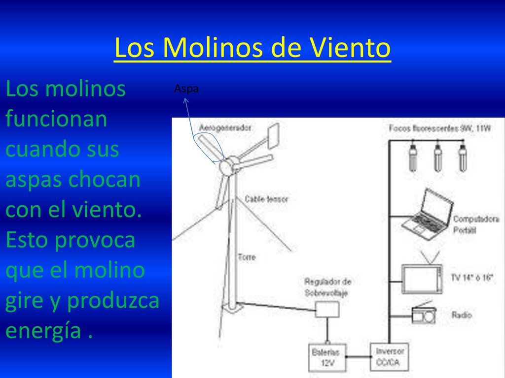 Los Molinos de Viento Los molinos funcionan cuando sus aspas chocan con el viento. Esto provoca que el molino gire y produzca energía .