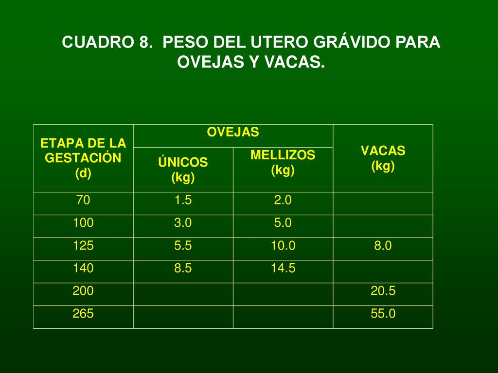 CUADRO 8. PESO DEL UTERO GRÁVIDO PARA OVEJAS Y VACAS.