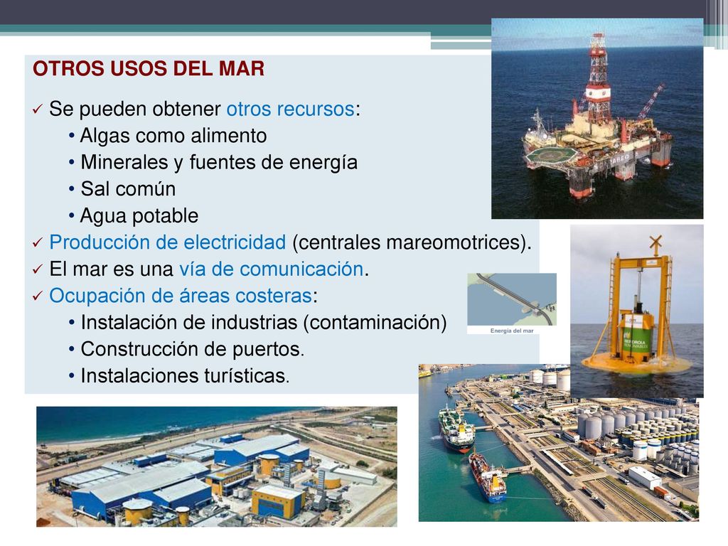 OTROS USOS DEL MAR Se pueden obtener otros recursos: Algas como alimento. Minerales y fuentes de energía.