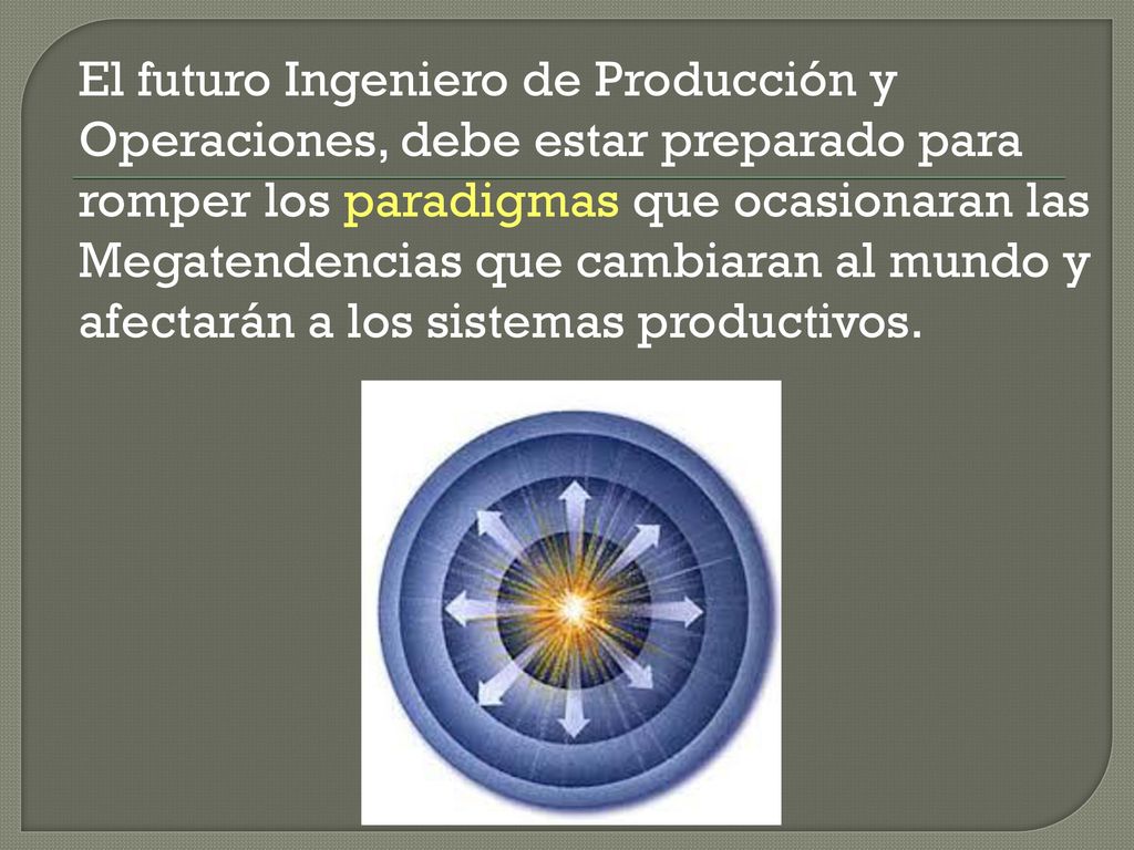 El futuro Ingeniero de Producción y Operaciones, debe estar preparado para romper los paradigmas que ocasionaran las Megatendencias que cambiaran al mundo y afectarán a los sistemas productivos.