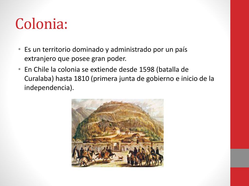Colonia: Es un territorio dominado y administrado por un país extranjero que posee gran poder.