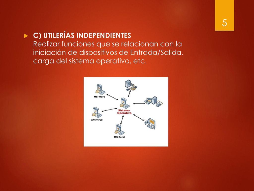C) UTILERÍAS INDEPENDIENTES Realizar funciones que se relacionan con la iniciación de dispositivos de Entrada/Salida, carga del sistema operativo, etc.