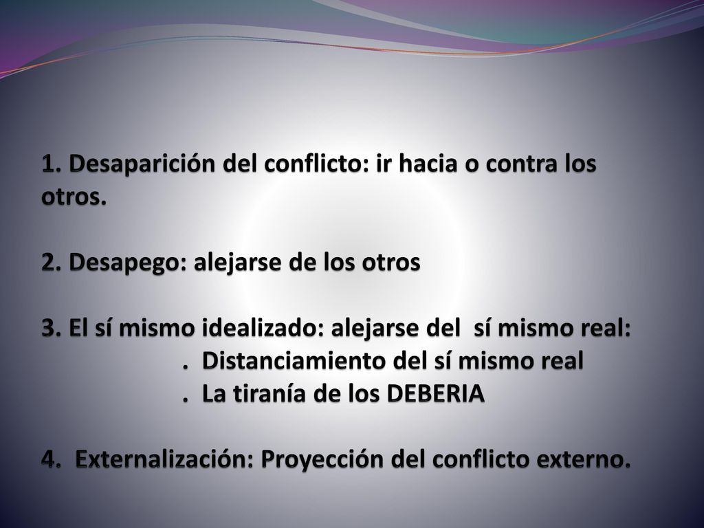 1. Desaparición del conflicto: ir hacia o contra los otros. 2