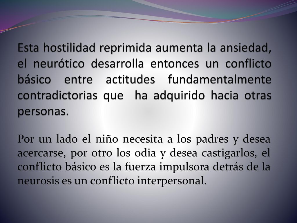 Esta hostilidad reprimida aumenta la ansiedad, el neurótico desarrolla entonces un conflicto básico entre actitudes fundamentalmente contradictorias que ha adquirido hacia otras personas.