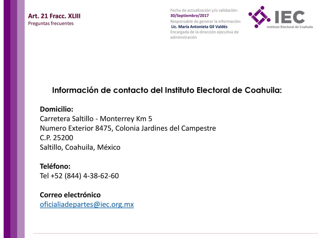 Información de contacto del Instituto Electoral de Coahuila:
