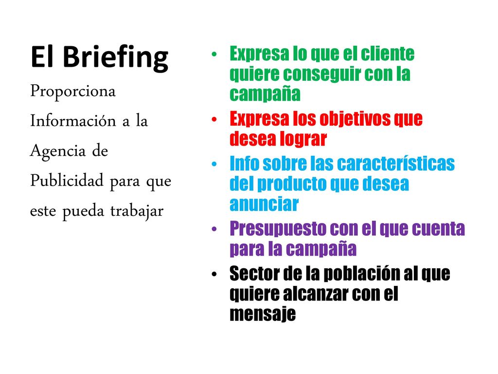 El Briefing Expresa lo que el cliente quiere conseguir con la campaña. Expresa los objetivos que desea lograr.