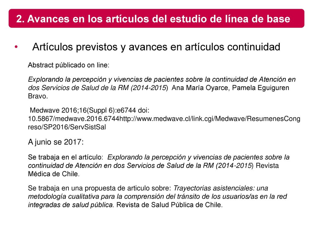 2. Avances en los artículos del estudio de línea de base