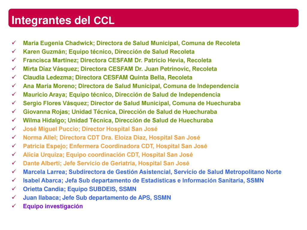 Integrantes del CCL María Eugenia Chadwick; Directora de Salud Municipal, Comuna de Recoleta.