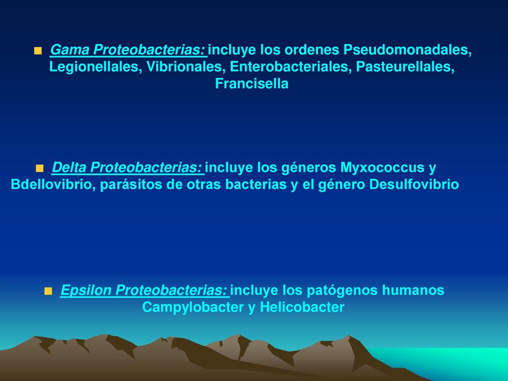 Gama Proteobacterias: incluye los ordenes Pseudomonadales, Legionellales, Vibrionales, Enterobacteriales, Pasteurellales, Francisella