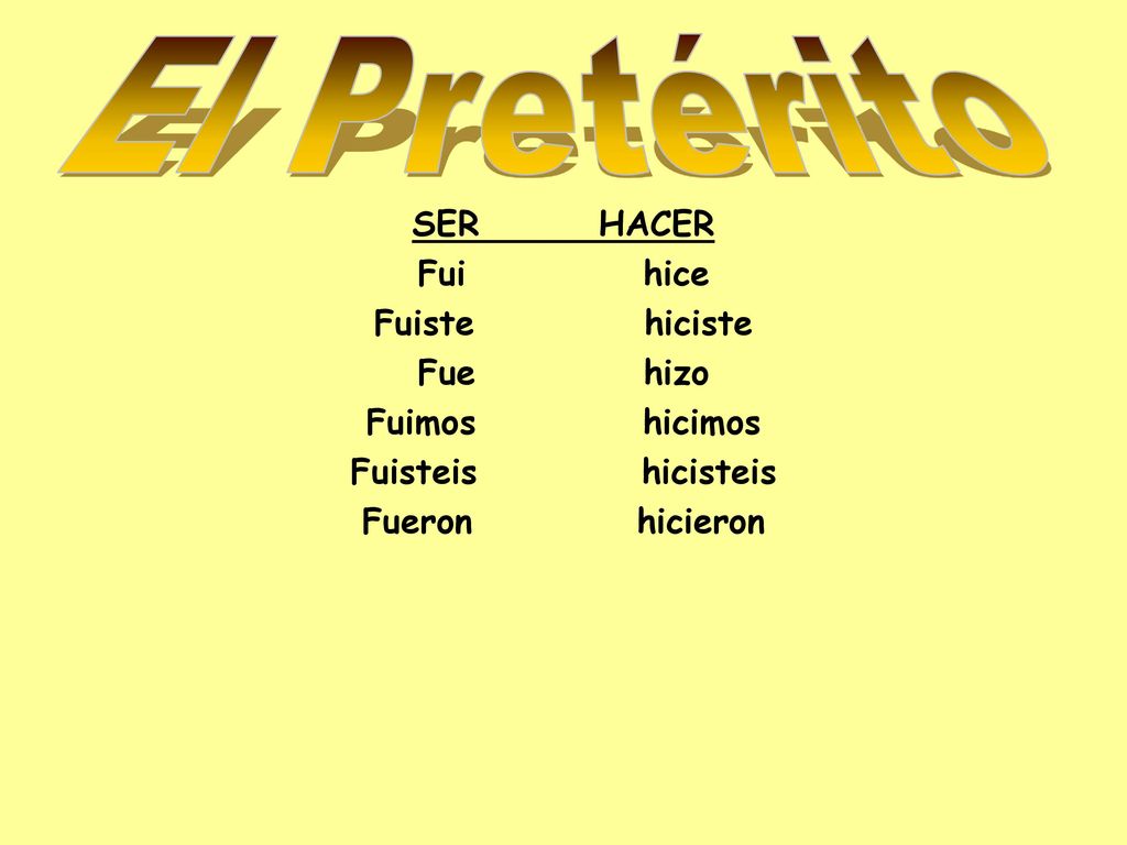 El Pretérito SER HACER Fui hice Fuiste hiciste Fue hizo Fuimos hicimos