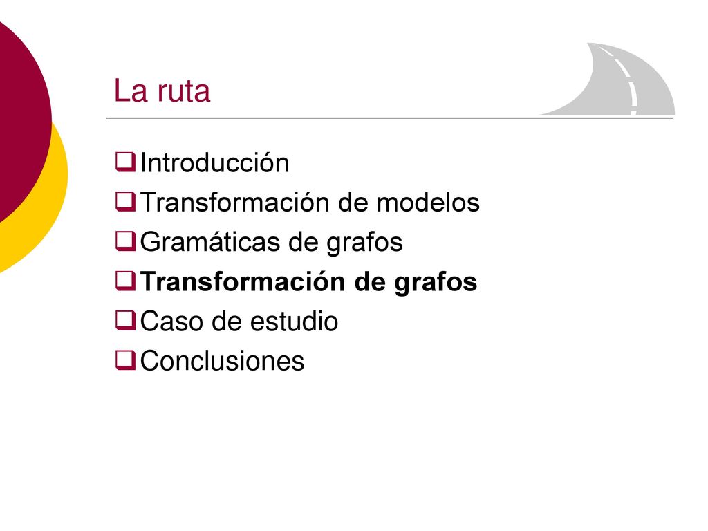 La ruta Introducción Transformación de modelos Gramáticas de grafos