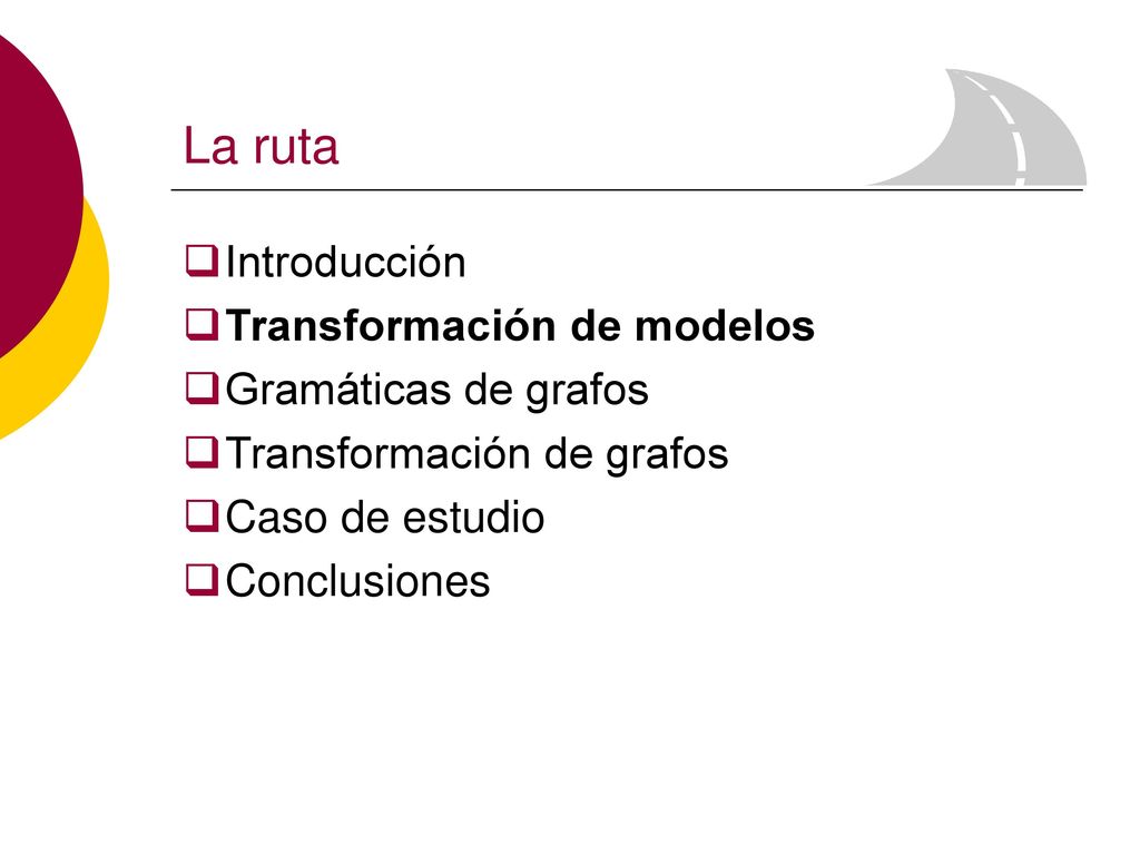 La ruta Introducción Transformación de modelos Gramáticas de grafos