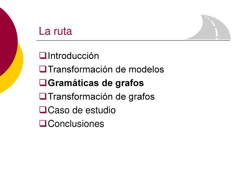 La ruta Introducción Transformación de modelos Gramáticas de grafos