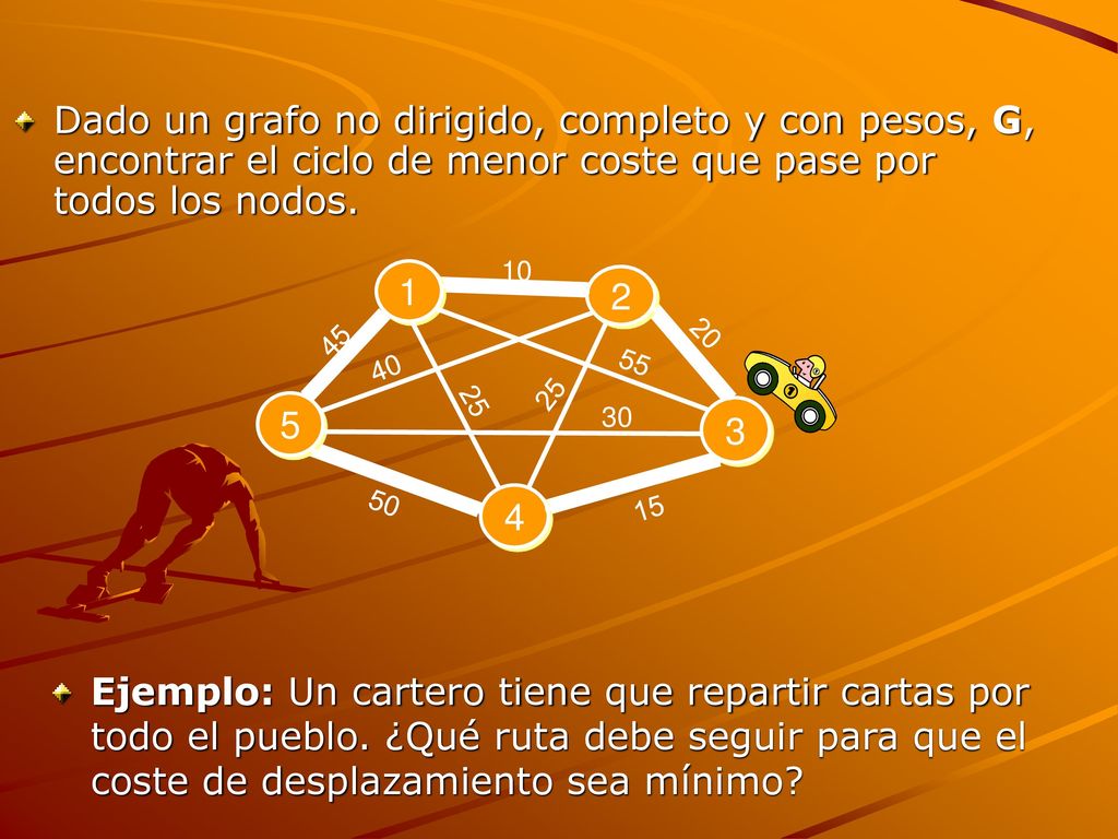 Dado un grafo no dirigido, completo y con pesos, G, encontrar el ciclo de menor coste que pase por todos los nodos.