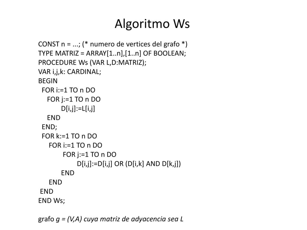 Algoritmo Ws CONST n = ...; (* numero de vertices del grafo *)