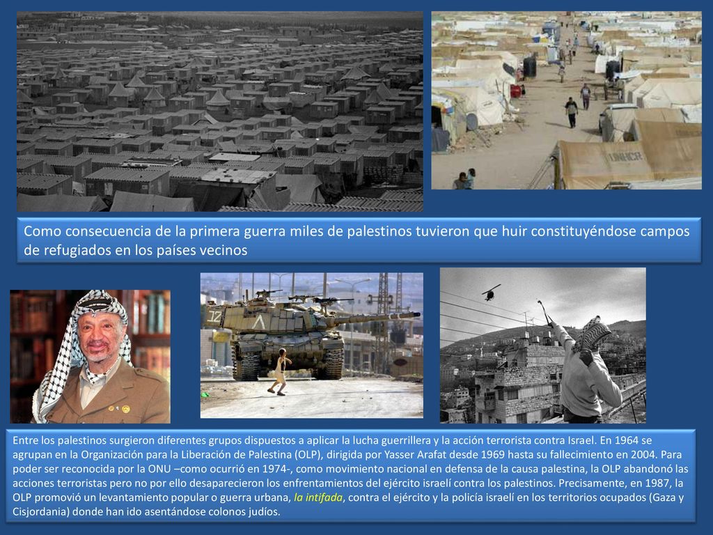 Como consecuencia de la primera guerra miles de palestinos tuvieron que huir constituyéndose campos de refugiados en los países vecinos