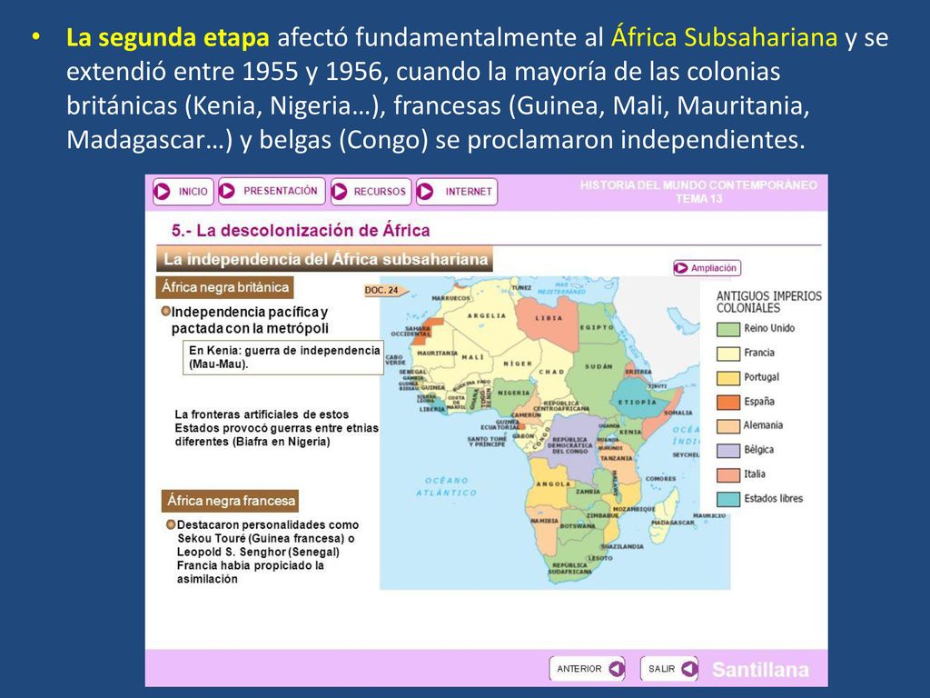 La segunda etapa afectó fundamentalmente al África Subsahariana y se extendió entre 1955 y 1956, cuando la mayoría de las colonias británicas (Kenia, Nigeria…), francesas (Guinea, Mali, Mauritania, Madagascar…) y belgas (Congo) se proclamaron independientes.