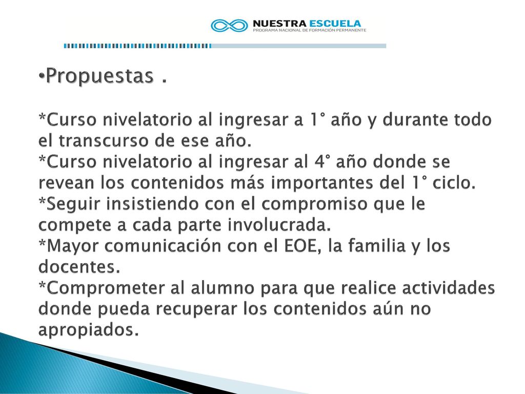Propuestas . *Curso nivelatorio al ingresar a 1° año y durante todo el transcurso de ese año.