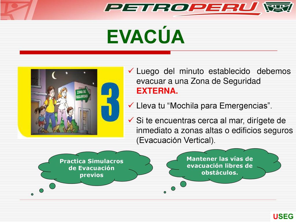EVACÚA Luego del minuto establecido debemos evacuar a una Zona de Seguridad EXTERNA. Lleva tu Mochila para Emergencias .