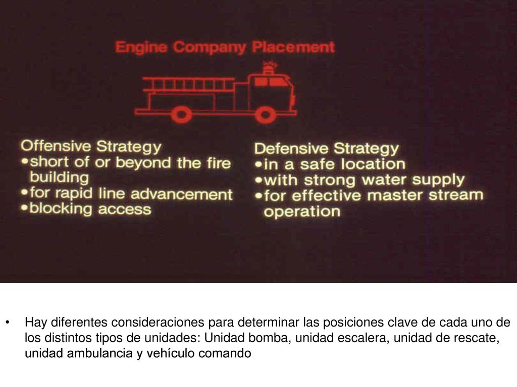 Hay diferentes consideraciones para determinar las posiciones clave de cada uno de los distintos tipos de unidades: Unidad bomba, unidad escalera, unidad de rescate, unidad ambulancia y vehículo comando