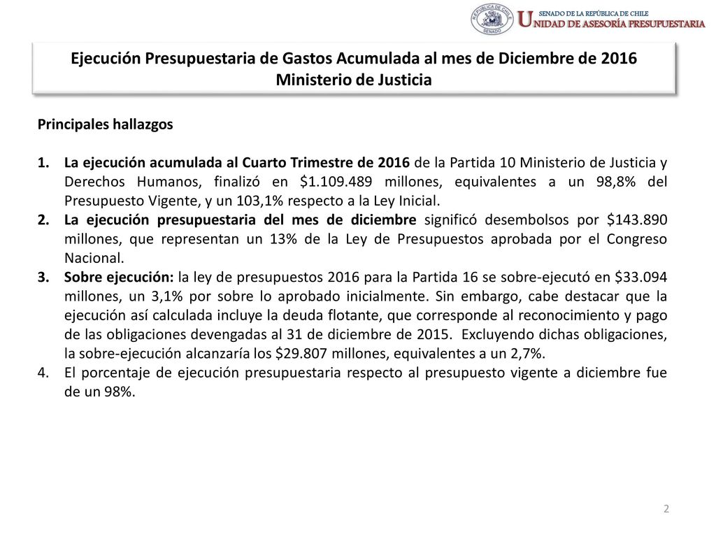 Ejecución Presupuestaria de Gastos Acumulada al mes de Diciembre de 2016 Ministerio de Justicia