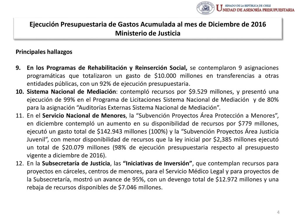 Ejecución Presupuestaria de Gastos Acumulada al mes de Diciembre de 2016 Ministerio de Justicia