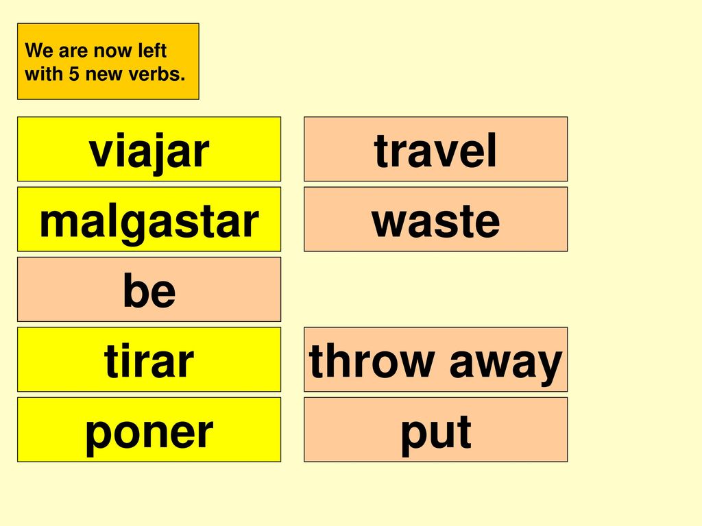 viajar travel malgastar waste ser be tirar throw away poner put