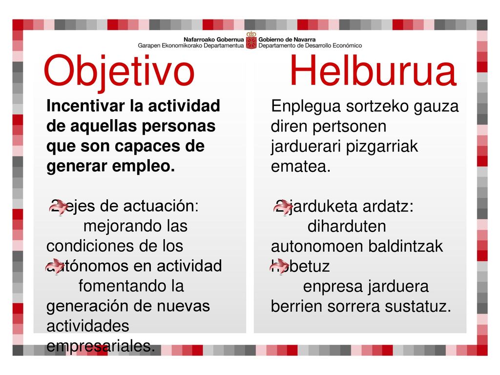 Objetivo Helburua Incentivar la actividad de aquellas personas que son capaces de generar empleo.