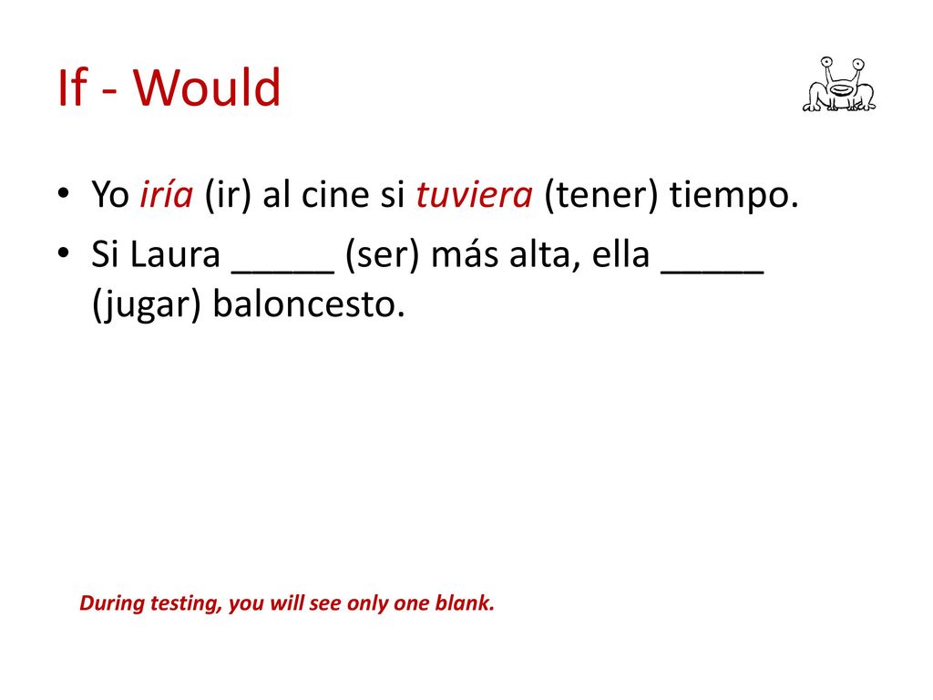 If - Would Yo iría (ir) al cine si tuviera (tener) tiempo.