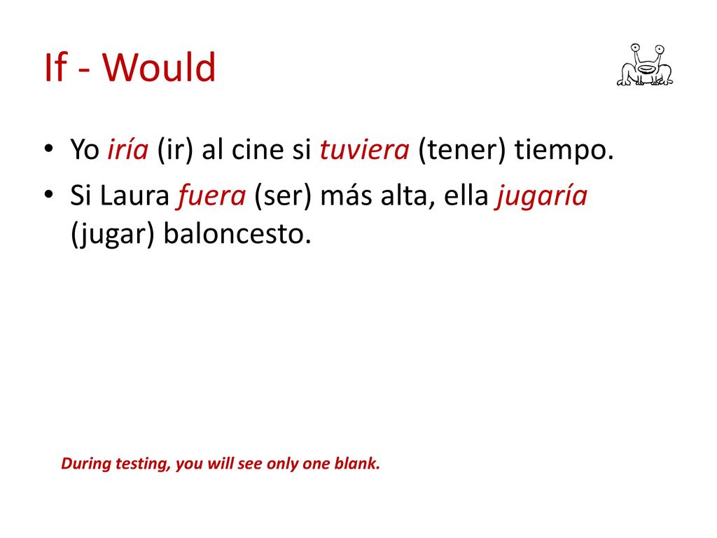 If - Would Yo iría (ir) al cine si tuviera (tener) tiempo.