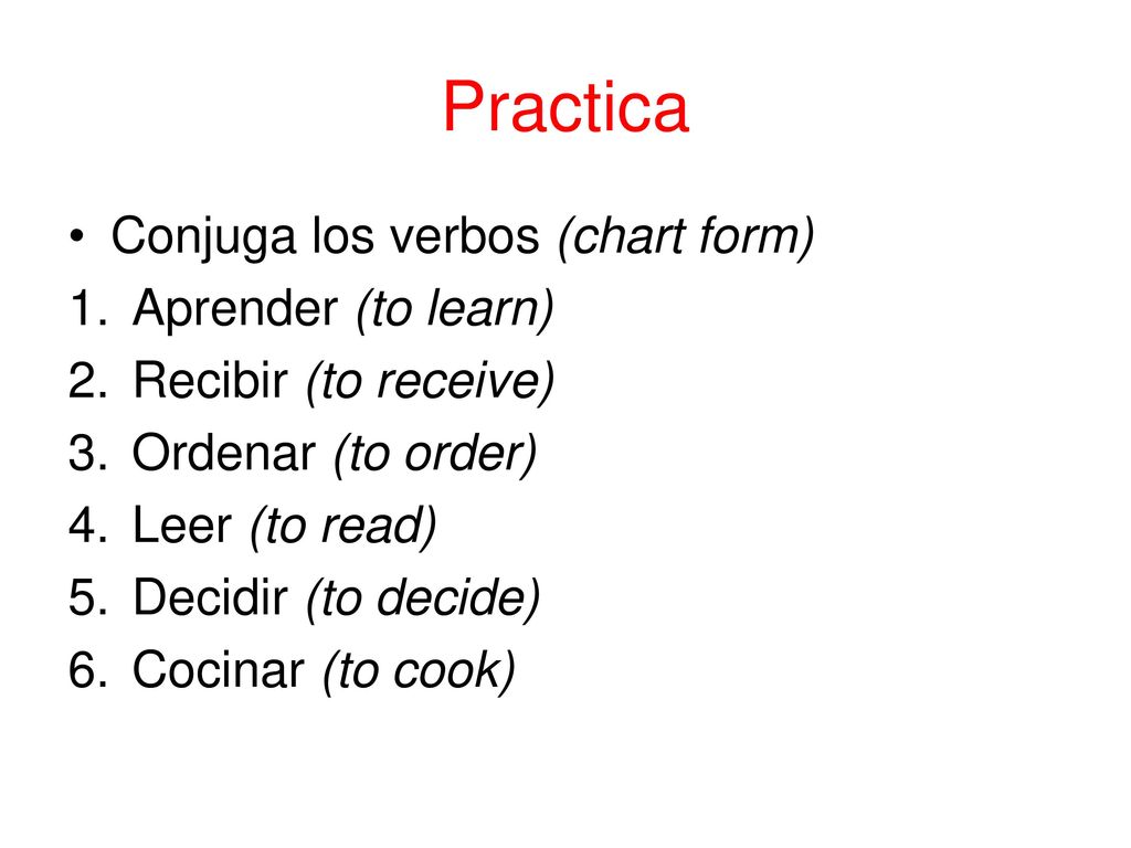 Practica Conjuga los verbos (chart form) Aprender (to learn)